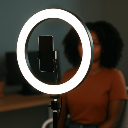 Ring light ao redor de um celular para gravação.