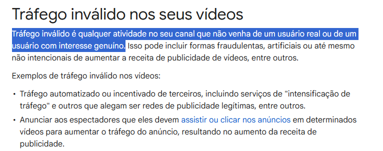 Comprar inscritos no YouTube 1 Explicação do YouTube para o que considera tráfego inválido.