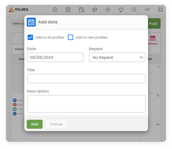 Facebook-Workflow-Manager-mLabs The image shows the mLabs Calendar screen with a highlight on the option to Add Reminder for Special Dates.
