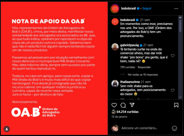 Melhor post do Bob's Brasil no Instagram no primeiro semestre de 2025.