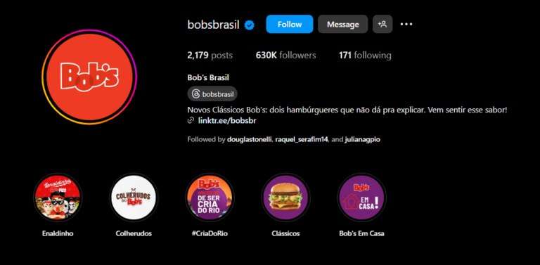 Perfil no Instagram do Bob's Brasil.