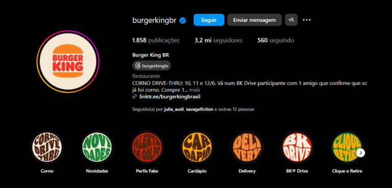 Perfil no Instagram do Burger King Brasil.