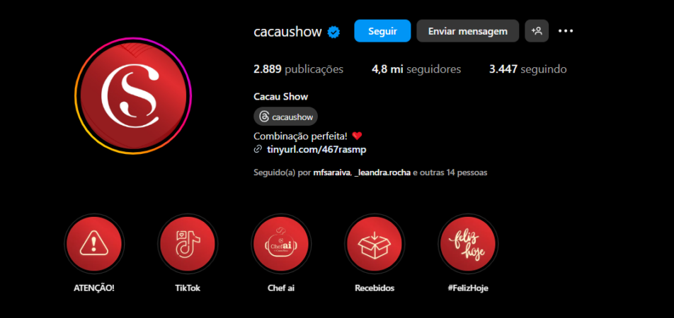 Perfil no Instagram da Cacau Show.