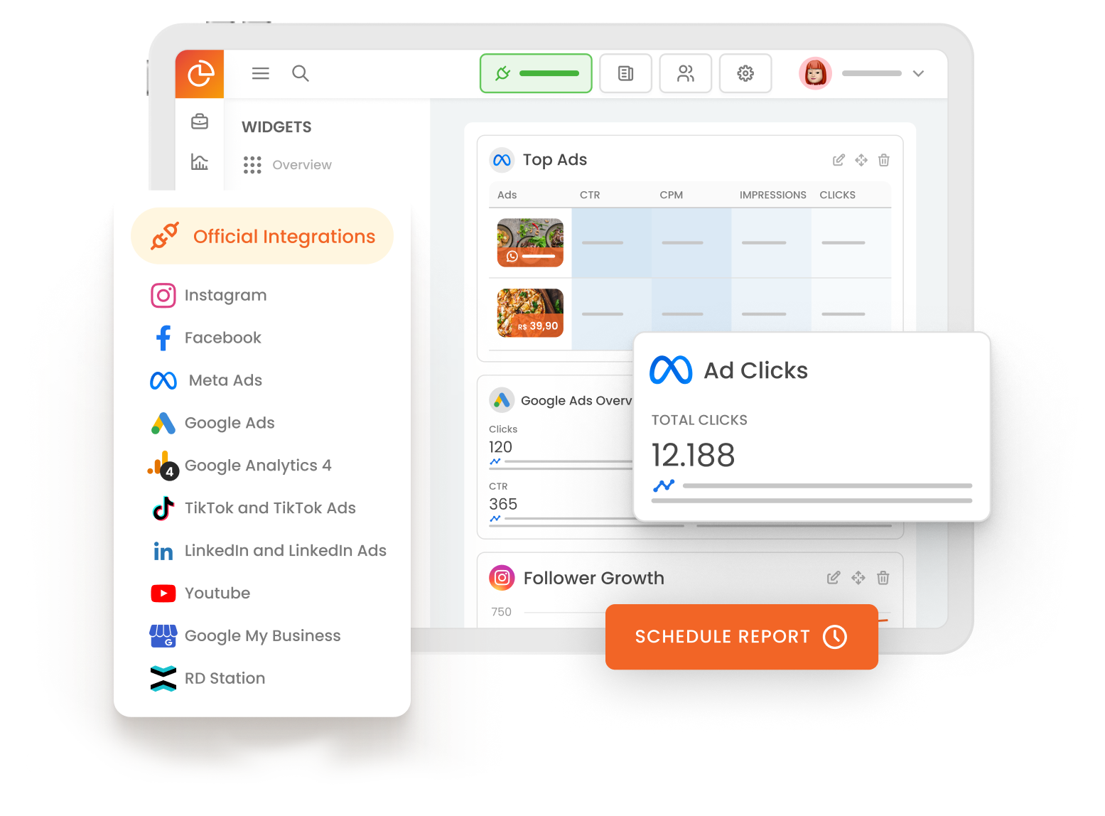 Image shows the mLabs DashGoo screen with a multi-channel report being created. Highlight on the "Schedule Report" button.
