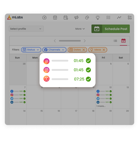 instagram-post-calendar-mlabs The image shows the mlabs calendar highlighting the scheduling of Instagram Stories, feed posts, and Reels.
