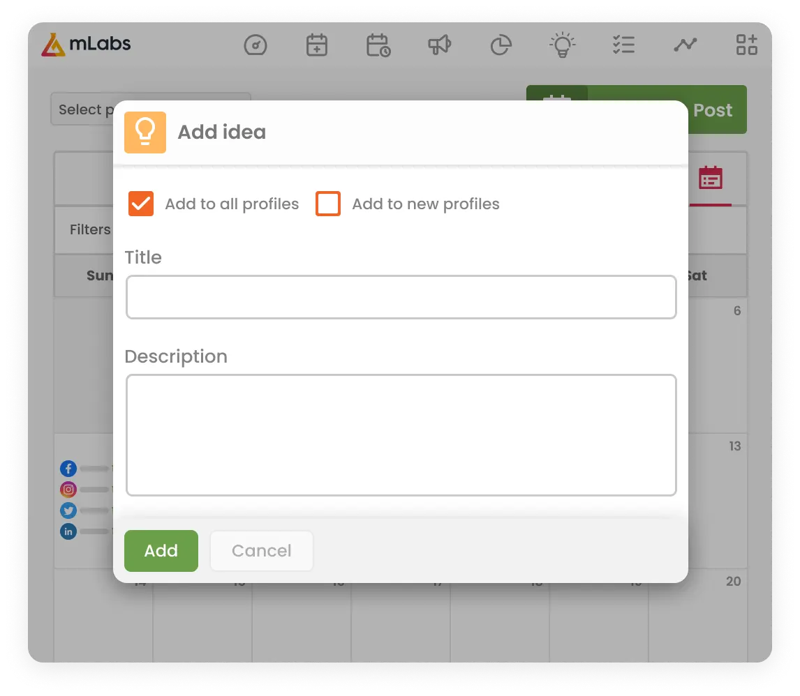 linkedin-calendar-manager-mlabs The image shows the mlabs calendar screen in the background with various LinkedIn appointments listed. Overlaying the image is a modal to Add post idea.