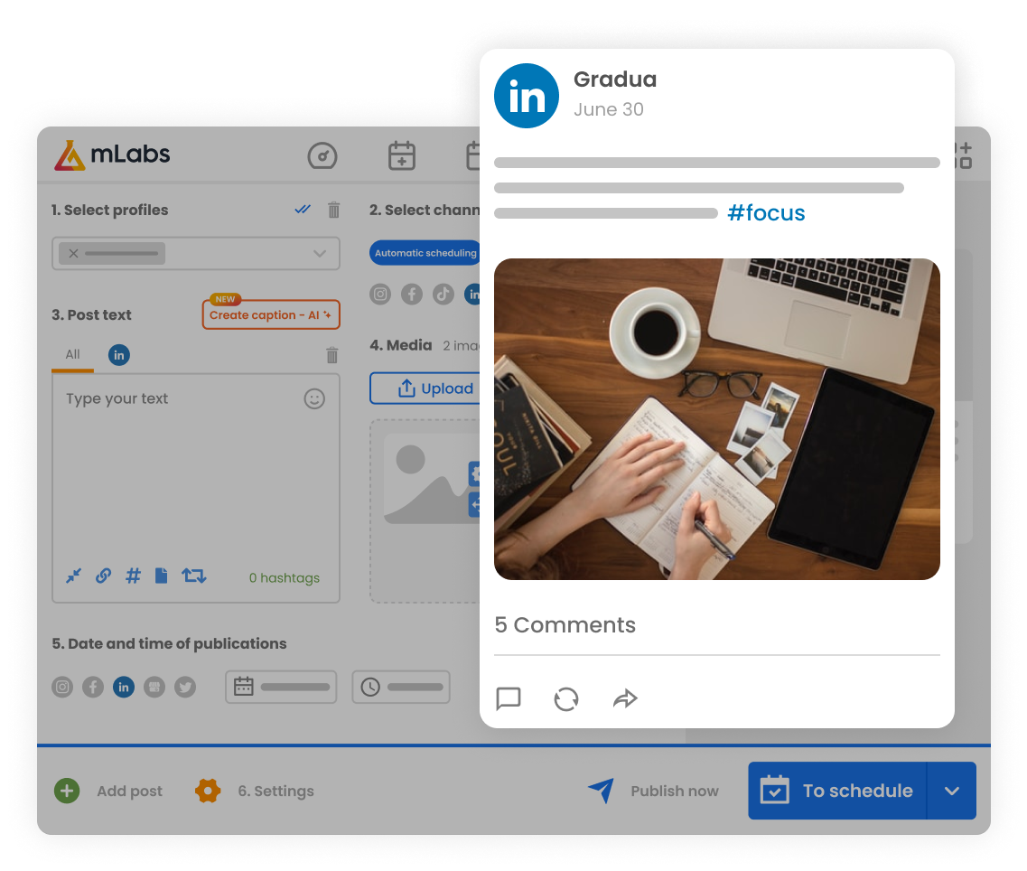 linkedin-scheduler-screen-mlabs Image shows the mLabs post scheduling screen, highlighting a post with an image being scheduled for LinkedIn.