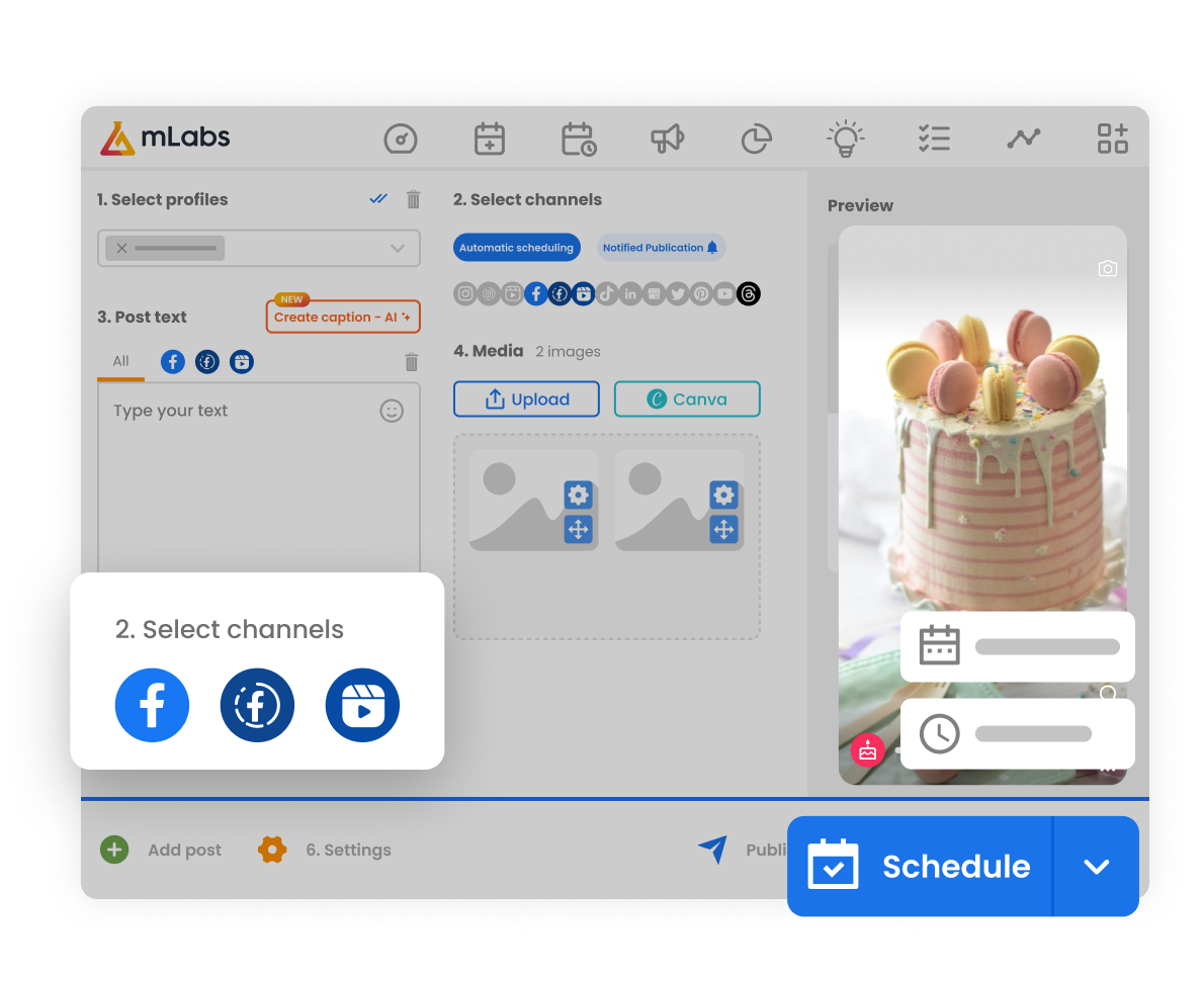 mLabs-Facebook-Manager Image shows the mLabs post scheduling screen with a preview of a post being scheduled for Facebook.