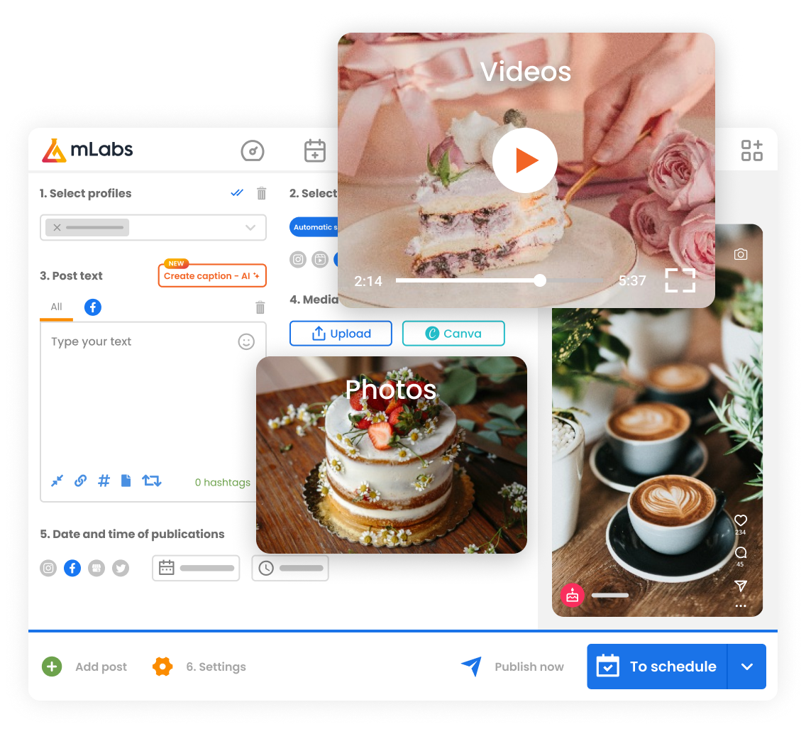 mLabs-Facebook-Scheduling Image shows the mLabs scheduling screen, with three formats being scheduled for Facebook.