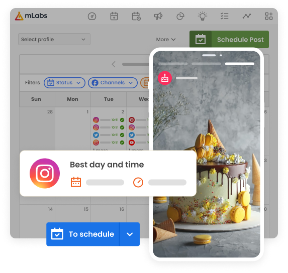 Image shows the mLabs post calendar. Over it, there is a card displaying the best day and time to post on Instagram, a schedule button, and a preview of a post.