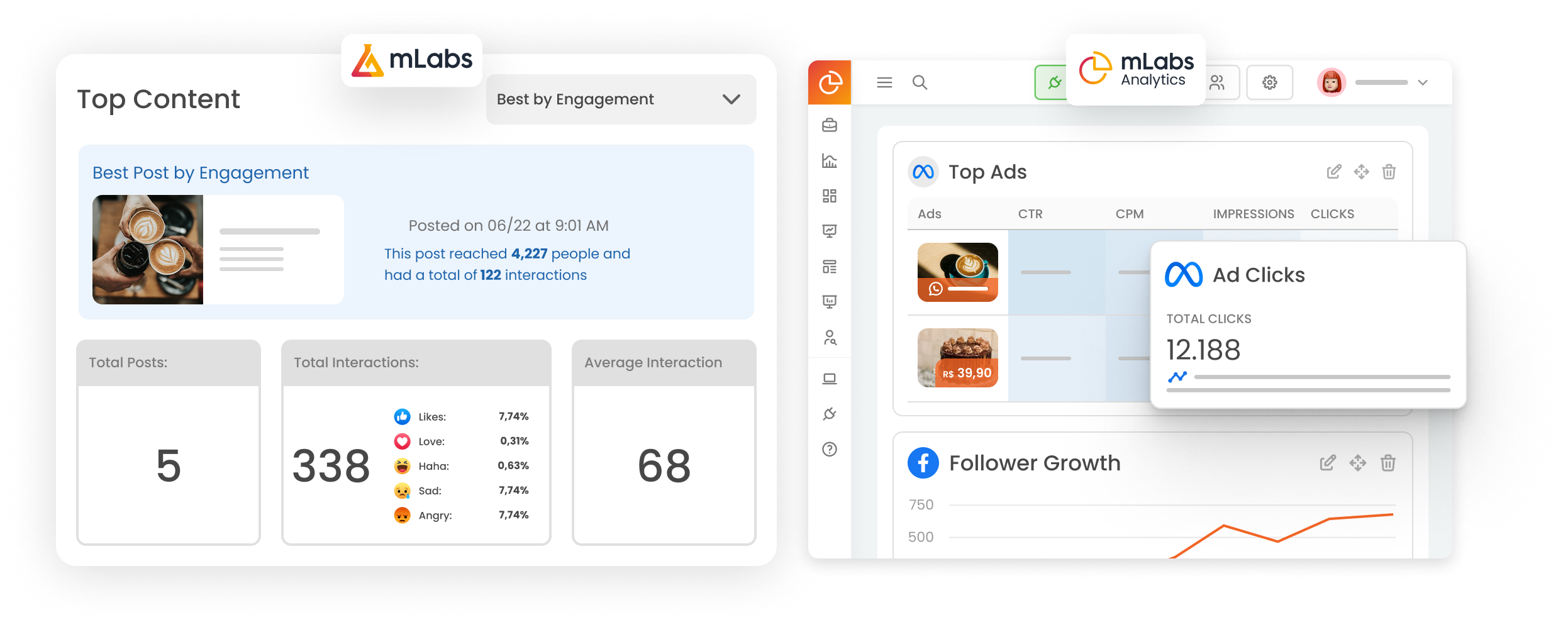 mlabs-Facebook-Reports Image shows graphs of Facebook and Facebook Ads reports from mLabs and mLabs Dashgoo.