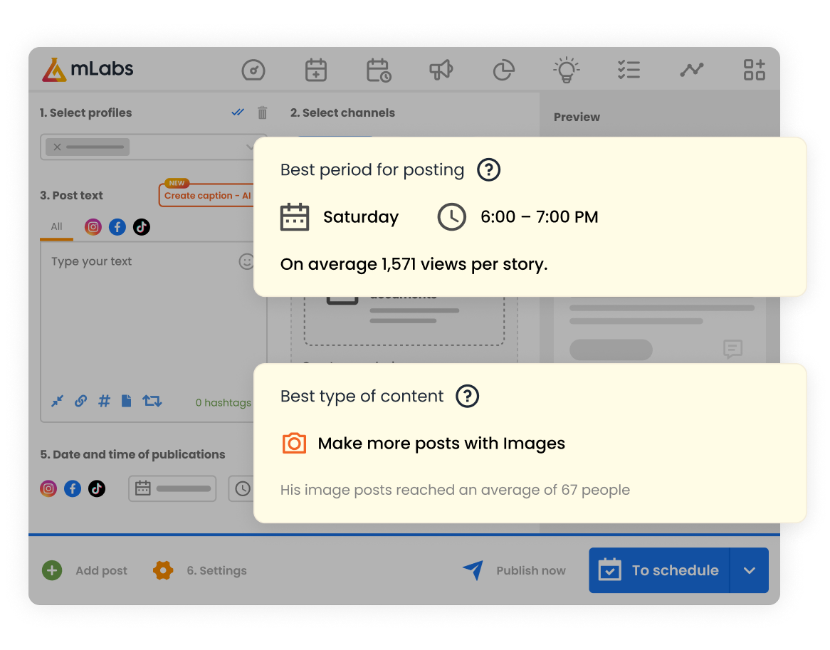 mlabs-best-day-and-time-to-post Image shows the cards for Best Day and Time to Post and Best Content Format on Instagram.