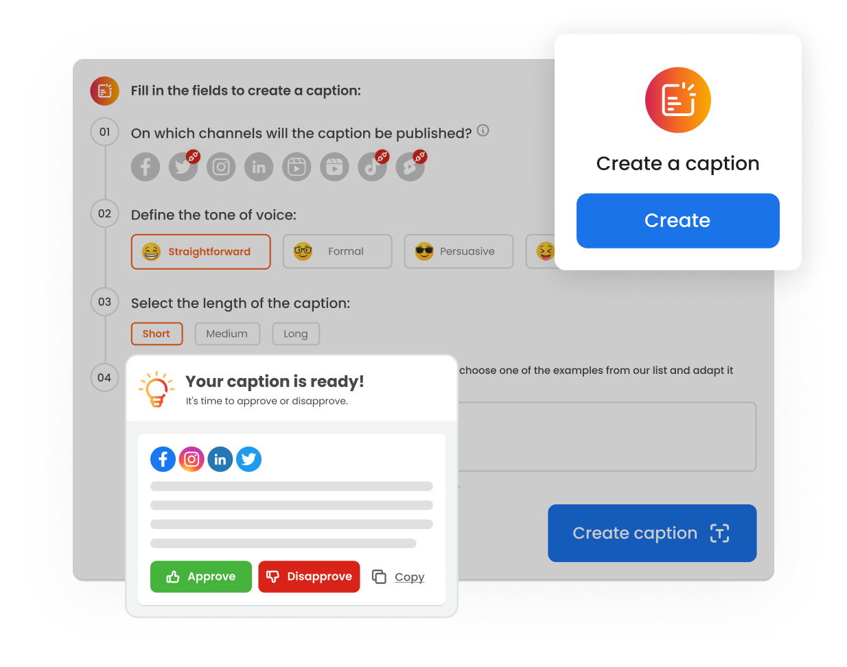 mlabs-captions-artificial-intelligence Image shows the mLabs insights screen with a highlighted ready-to-use post caption created for multiple social networks.