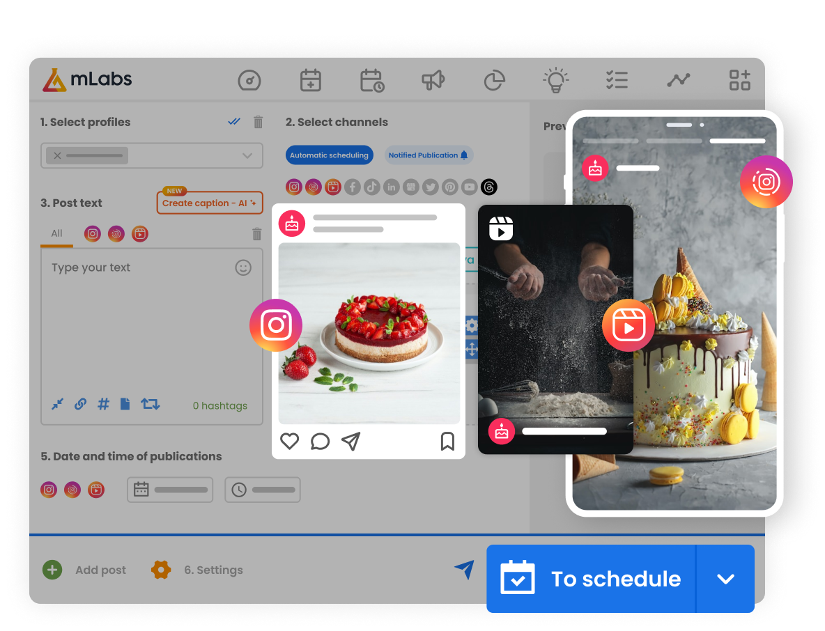 mlabs-post-scheduling-formats Image shows the mLabs post scheduling screen with an Instagram Reel, Stories, and Feed post highlighted.