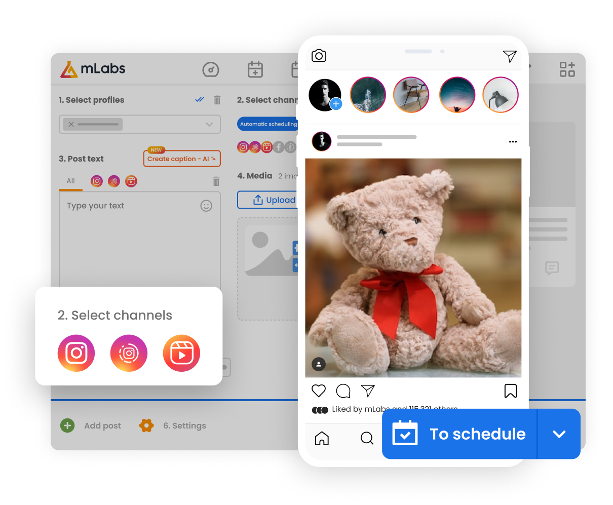 mlabs-schedule-post-on-instagram Image shows the mLabs post scheduling screen with a post on the feed and highlights for the schedule post button and Instagram formats.