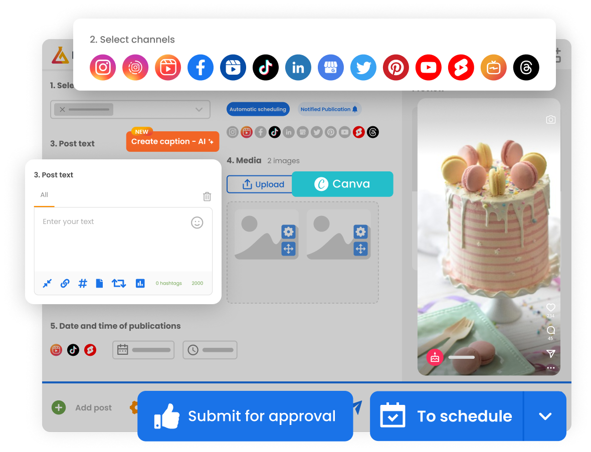 mlabs-schedule-posts Image shows the mLabs post scheduling screen, highlighting the icons of the social networks integrated with the platform.