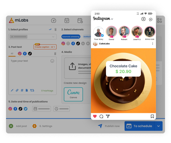 mlabs-scheduling-settings Image shows the mLabs scheduling screen and highlights an Instagram feed post with a product price tag.