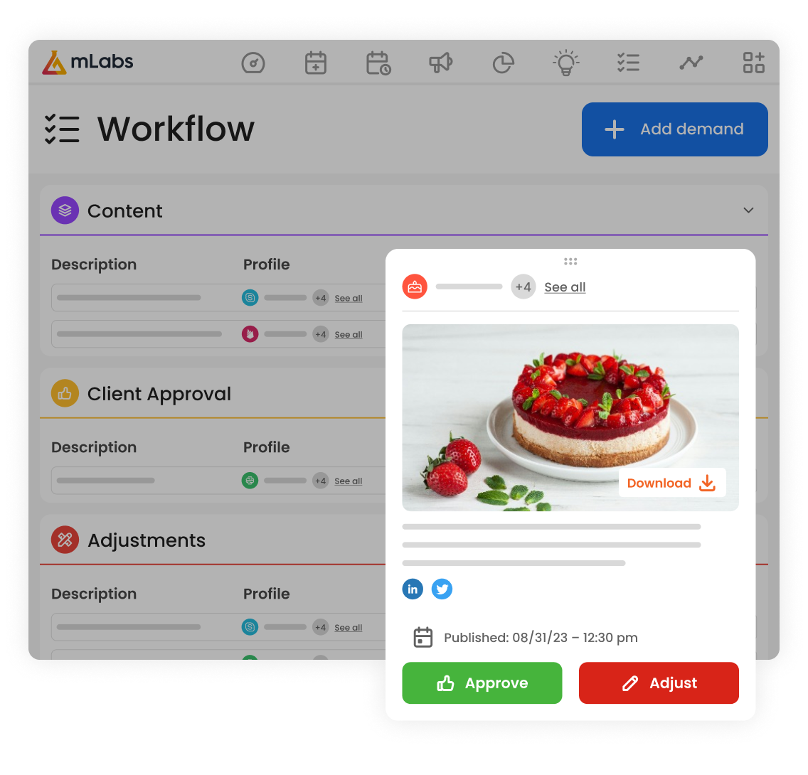 Image shows the mLabs workflow open in list view mode.