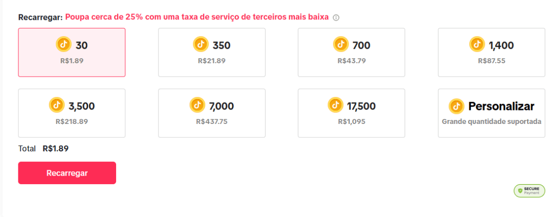 Tabela oficial do preço das moedas do TikTok.