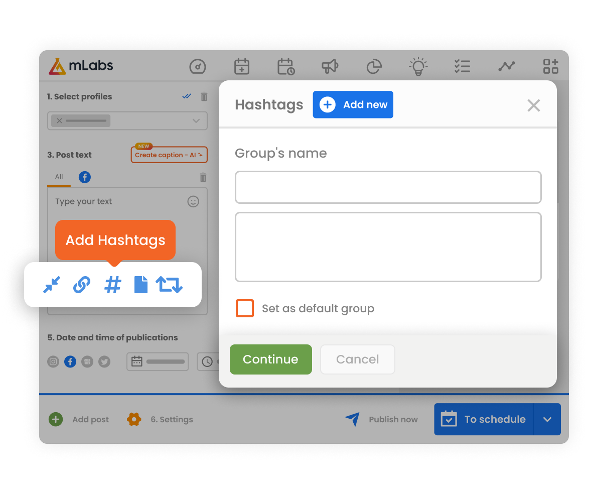 program-posts-facebook-modal-groups-hashtags-mlabs Image shows the mLabs post scheduling screen with an emphasis on the module for creating hashtag groups.