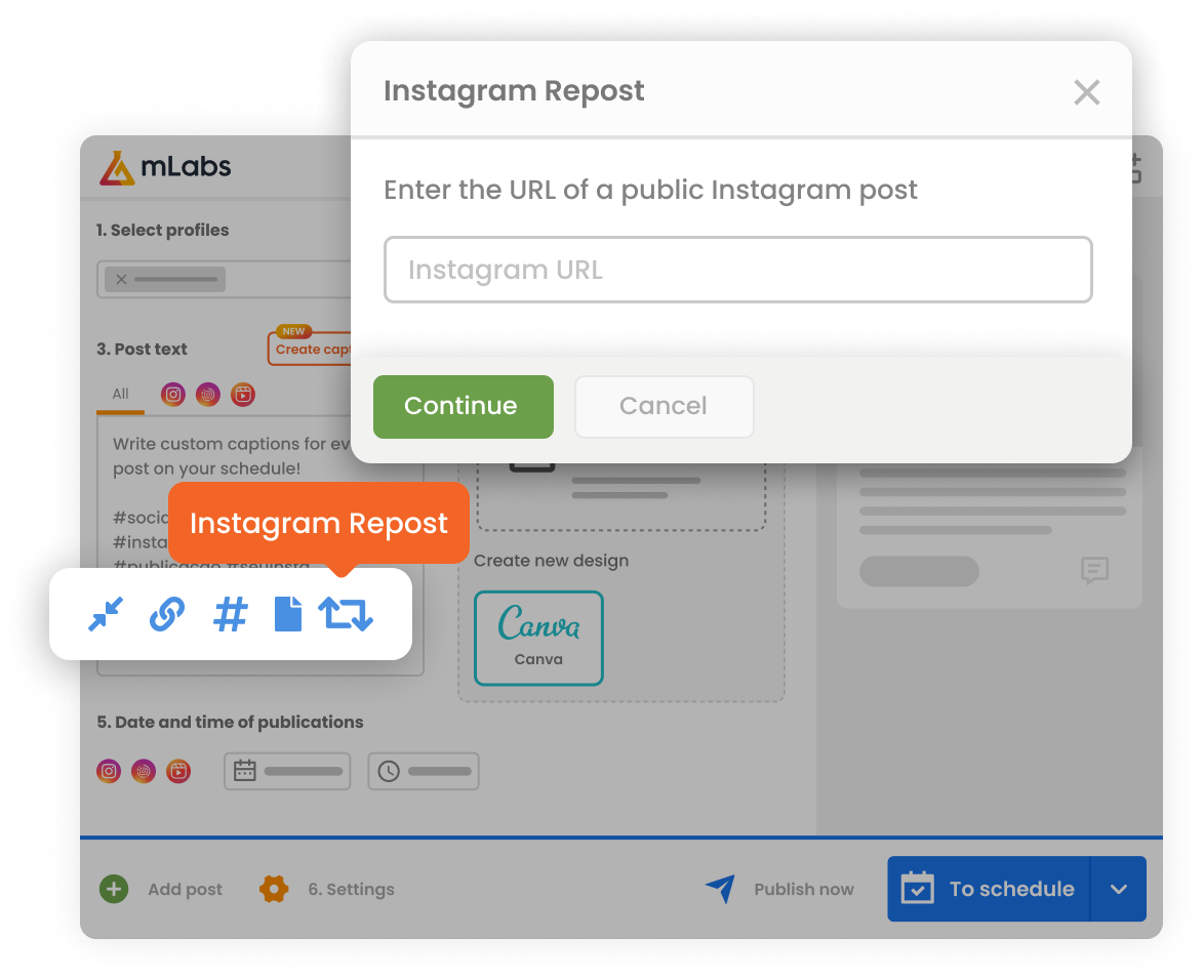 schedule-instagram-post-mlabs-repost The image shows the mLabs post scheduling screen, highlighting the Instagram Repost button and a box for entering the URL of the post to be republished.
