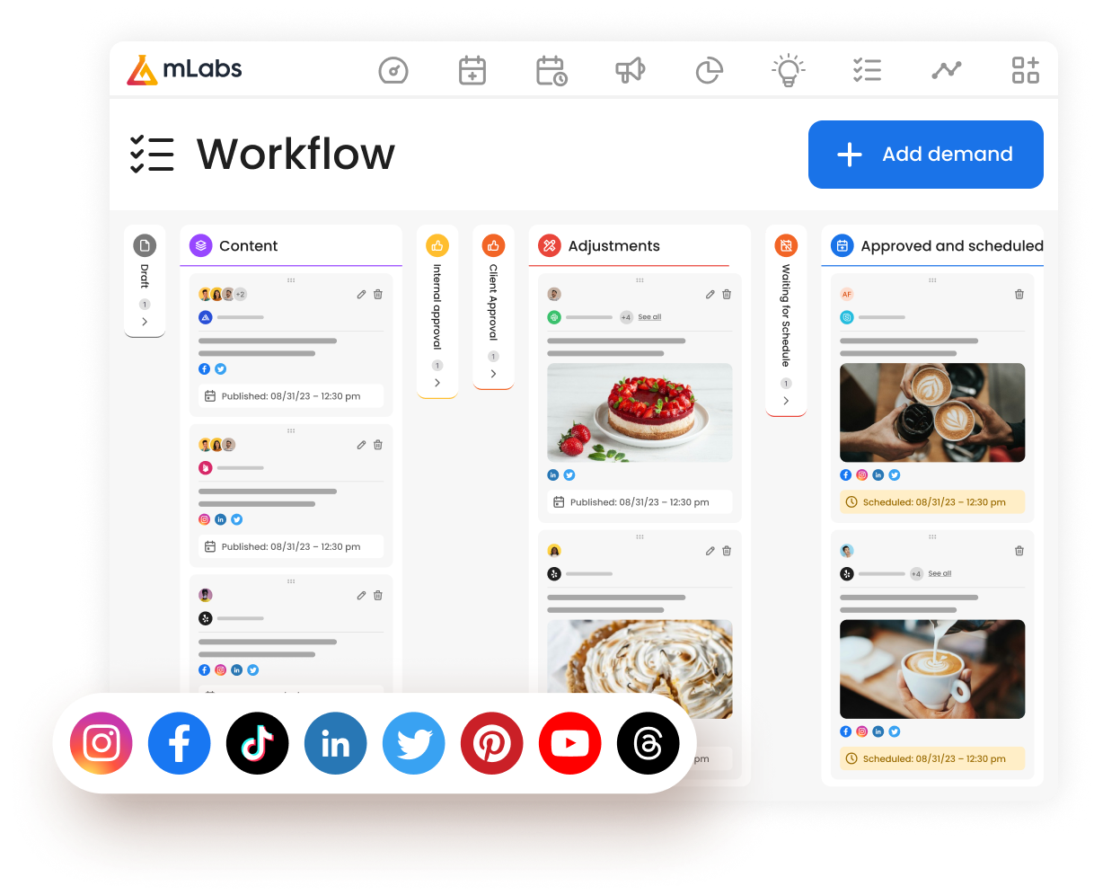Image shows the mLabs workflow screen with icons of social media platforms integrated into the system.
