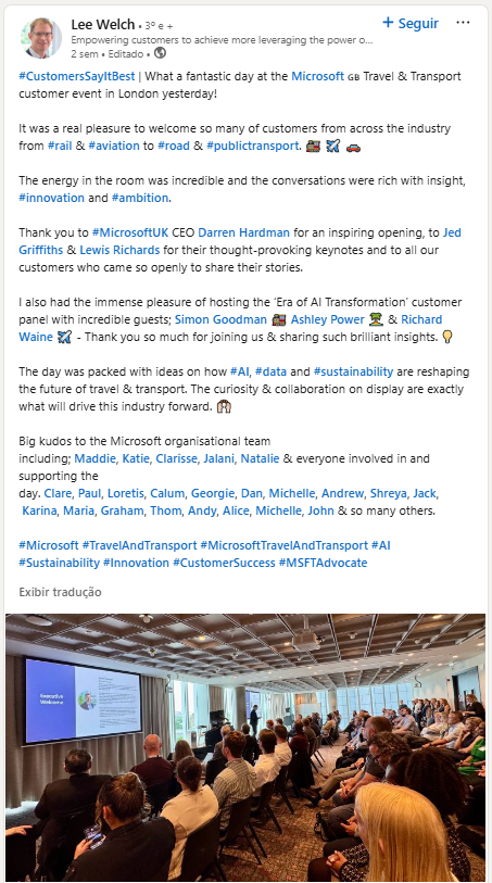 Publicação de Lee Walsh, funcionário da Microsoft.