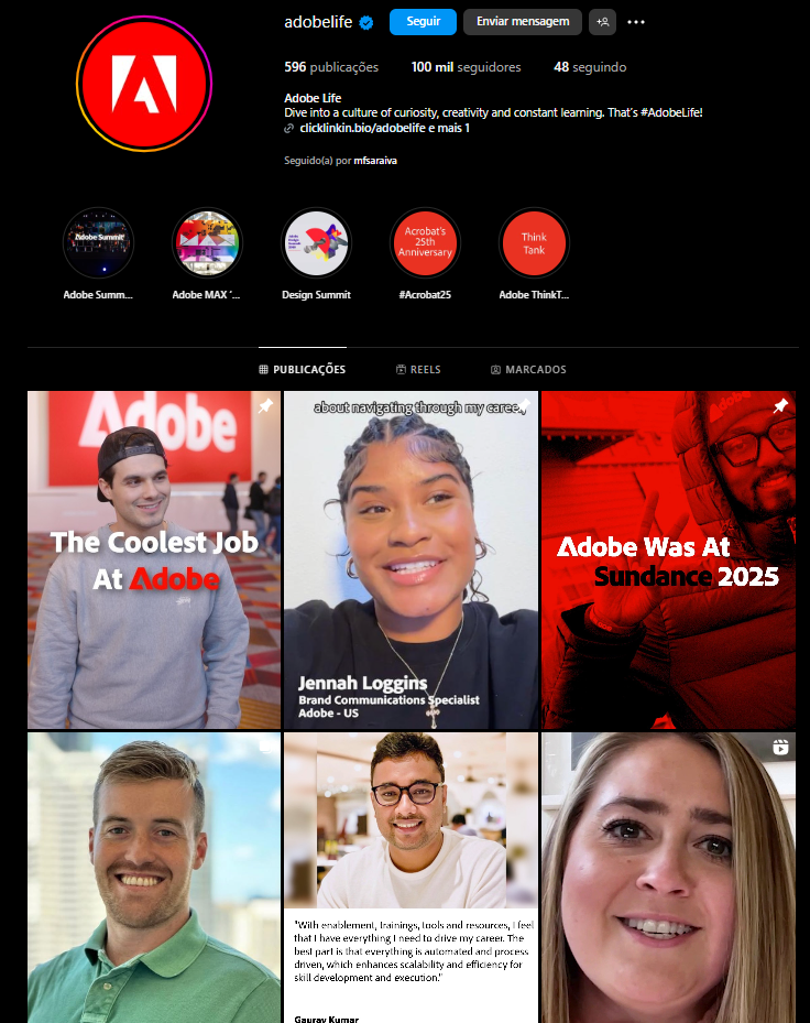 Perfil @adobelife no Instagram: foco em criação de conteúdo gerado pelo colaborador.