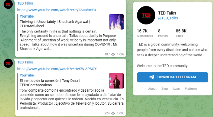 Estratégia de marketing no Telegram do TED Talks.
