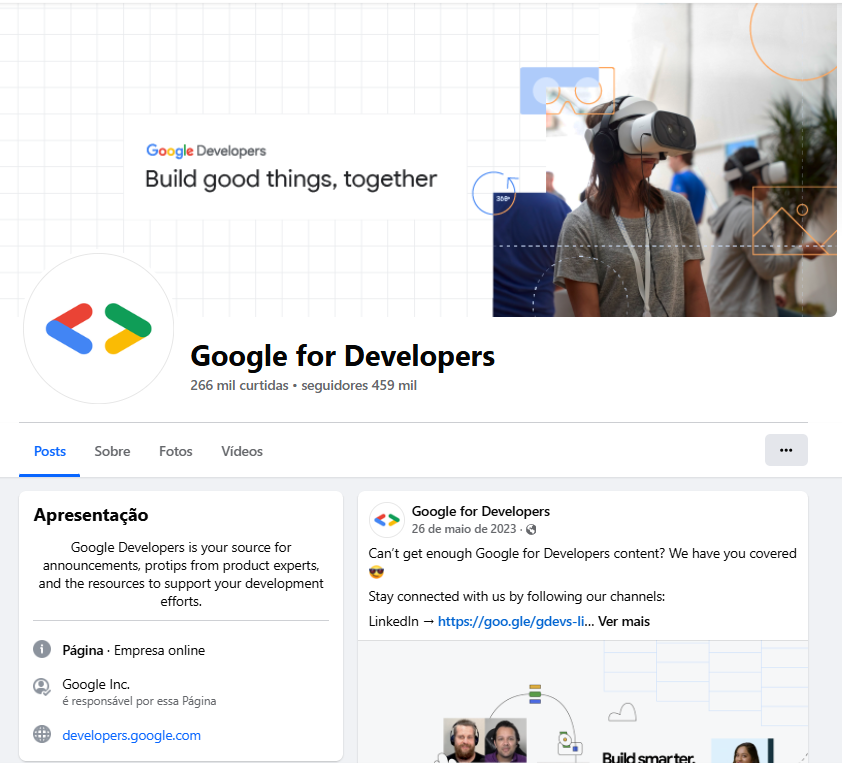 Fanpage Google for Developers, no Facebook.