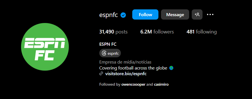 Perfil oficial da ESPN para falar sobre futebol no Instagram.