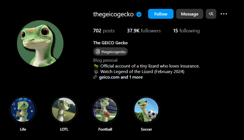 Perfil oficial do mascote da GEICO no Instagram.
