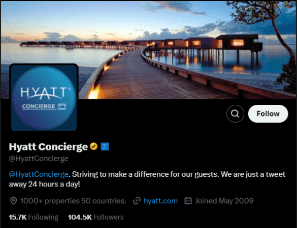Perfil de suporte da marca de hotéis Hyatt no X.
