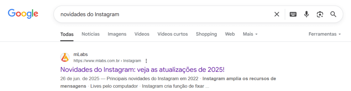 Página do blog da mLabs na primeira colocação para o termo “novidades do Instagram” no Google.