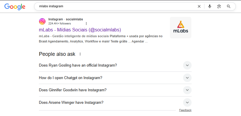 Resultado de busca com link para o Instagram direto no Google.