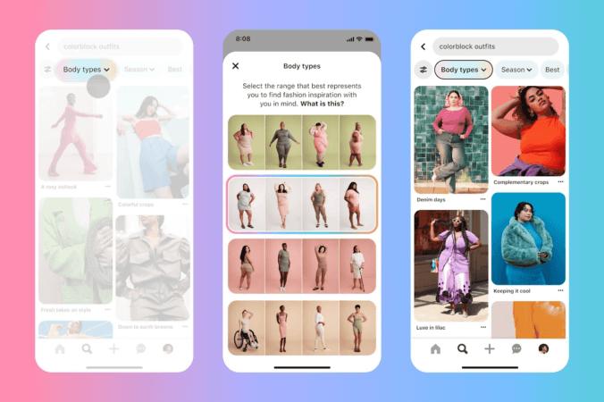 Demonstração do novo filtro por formatos de copos do Pinterest. Durante a pesquisa por "colorblock outfits", o recurso aparece como opção dispível para clique.
