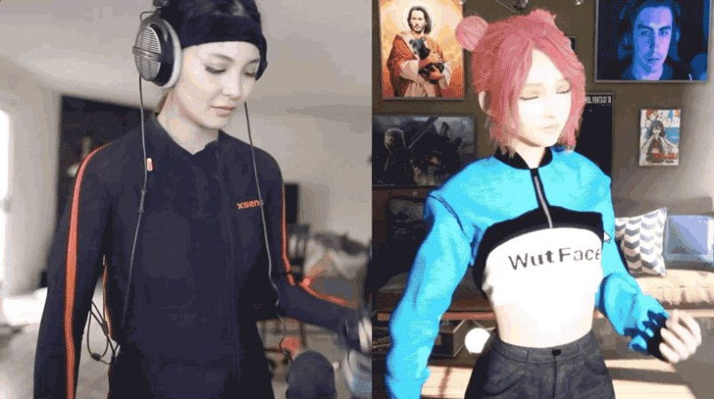 VTuber 1 Streamer da Twitch Miko vestida com traje de captura de movimento (mocap), fones e bandana preta, à esquerda; à direita, seu avatar 3D de cabelo rosa em dois coques e moletom “WutFace” replica os gestos em tempo real, em uma sala com pôsteres e sofá ao fundo.