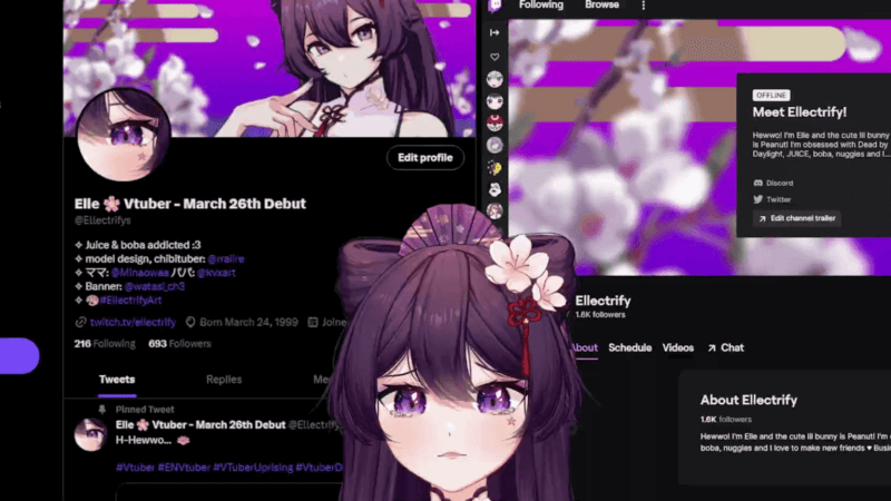 VTuber 10 Exemplo de VTuber que utiliza o X (antigo Twitter) para divulgação. A imagem mostra o perfil de Elle 🌸, com banner e avatar ilustrados no estilo anime, predominando tons de roxo e rosa. O texto do perfil informa o debut em 26 de março e inclui créditos aos artistas do modelo e banner, além de hashtags e link para o canal na Twitch.