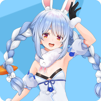 VTuber 14 Usada Pekora, VTuber da Hololive, com orelhas de coelho e tranças azul-claro, traje branco e azul, luva preta, sorrindo e acenando; fundo azul com detalhe de cenoura no cabelo.