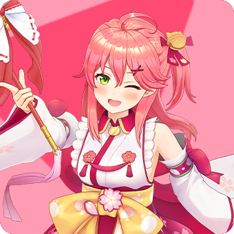 VTuber 15 Sakura Miko, VTuber da Hololive, com cabelo rosa preso em rabo de cavalo, piscando e sorrindo; vestindo traje tradicional estilo miko em tons de rosa e branco, com laços e flores, sobre fundo rosa.