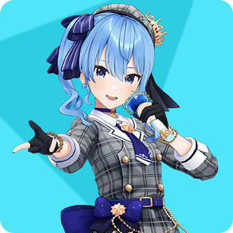 VTuber 18 Hoshimachi Suisei, VTuber da Hololive, com cabelo azul preso em rabo lateral e tiara dourada, traje xadrez cinza com laços azul-marinho, luvas pretas e microfone azul na mão, apontando para a câmera sobre fundo azul.