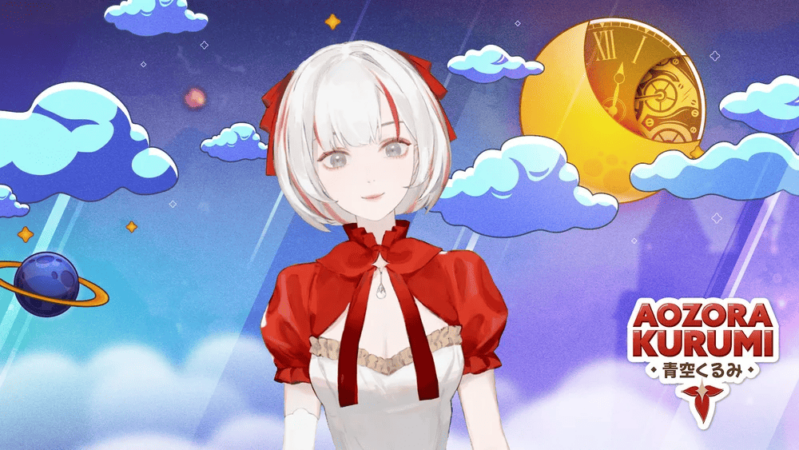 VTuber 23 Imagem promocional da VTuber Aozora Kurumi: avatar ao centro com cabelo curto branco e mechas vermelhas, vestido branco com capa e laço vermelhos, sobre fundo ilustrado com nuvens, um planeta com anéis e uma lua em forma de crescente com engrenagens de relógio; logotipo “AOZORA KURUMI” com texto em japonês no canto inferior direito.