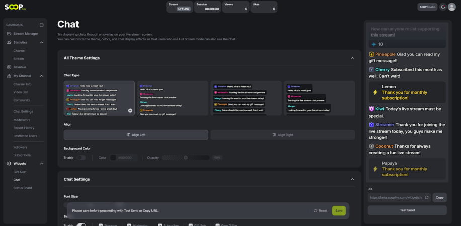 VTuber 7 Captura de tela da interface da plataforma SOOP, mostrando a aba “Chat” no painel de controle. À esquerda, menu lateral com seções como Stream Manager, Statistics, My Channel e Widgets. No centro, opções de personalização do chat ao vivo, incluindo tipos de tema, alinhamento, cor e opacidade de fundo. À direita, pré-visualização do chat com mensagens simuladas de usuários e alertas de assinatura, além do campo para URL do widget e botão “Test Send”
