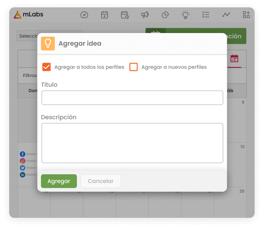 calendario-mlabs-gestion-de-twitter La imagen muestra la pantalla del calendario de mLabs con el modal para agregar una idea abierto.