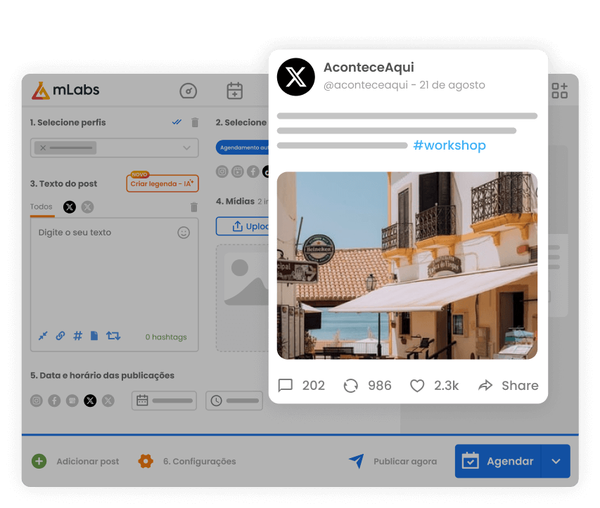Imagem mostra a tela de agendamento de posts da mLabs com destaque para um tweet agendado, com texto e imagem.