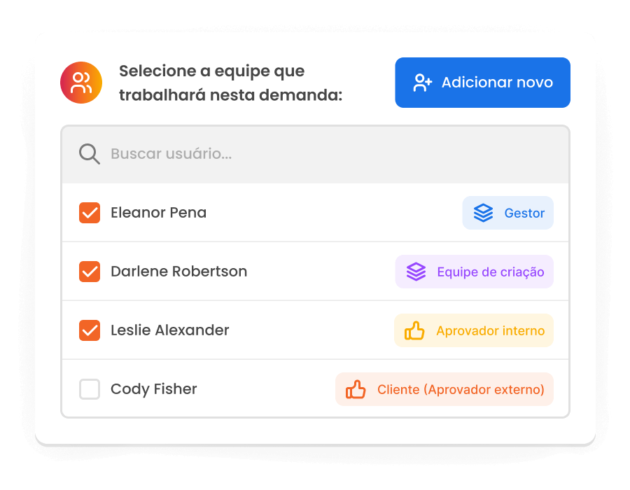 Imagem mostra tela de seleção de equipe envolvida em um projeto gerenciado pelo Workflow da mLabs.
