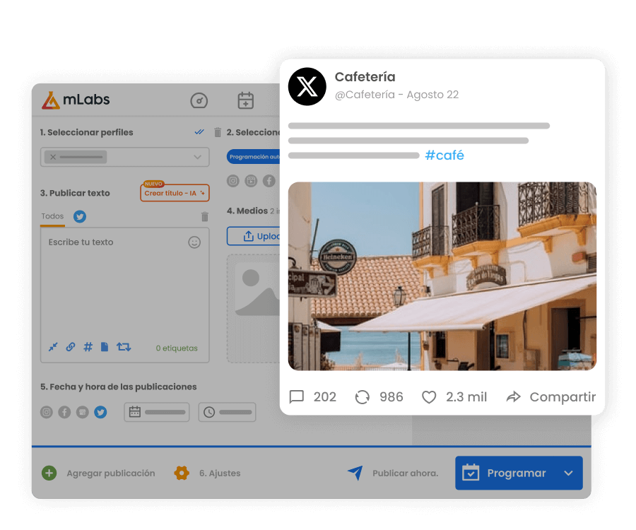 gestion-de-twitter-y-programacion-mlabs La imagen muestra la pantalla de programación de publicaciones de mLabs con un tweet programado, destacando el texto y la imagen.