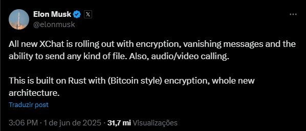 Tweet de Elon Musk anunciando o XChat.