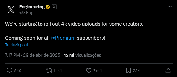 Equipe de engenharia do X anuncia vídeos em 4K.