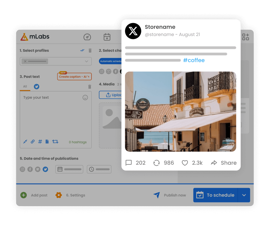 Image shows the mLabs post scheduling screen highlighting a scheduled tweet, with text and image.